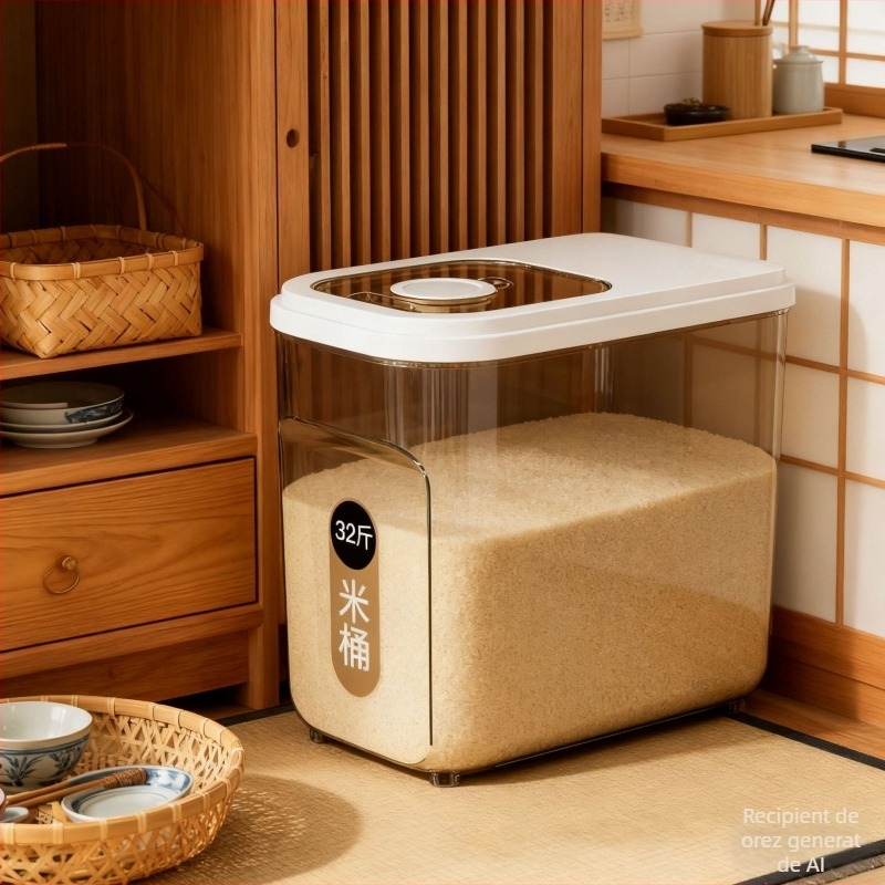 Container de depozitare a orezului – sigilat, rezistent la umiditate și insecte; plastic transparent, capacitate 10 L