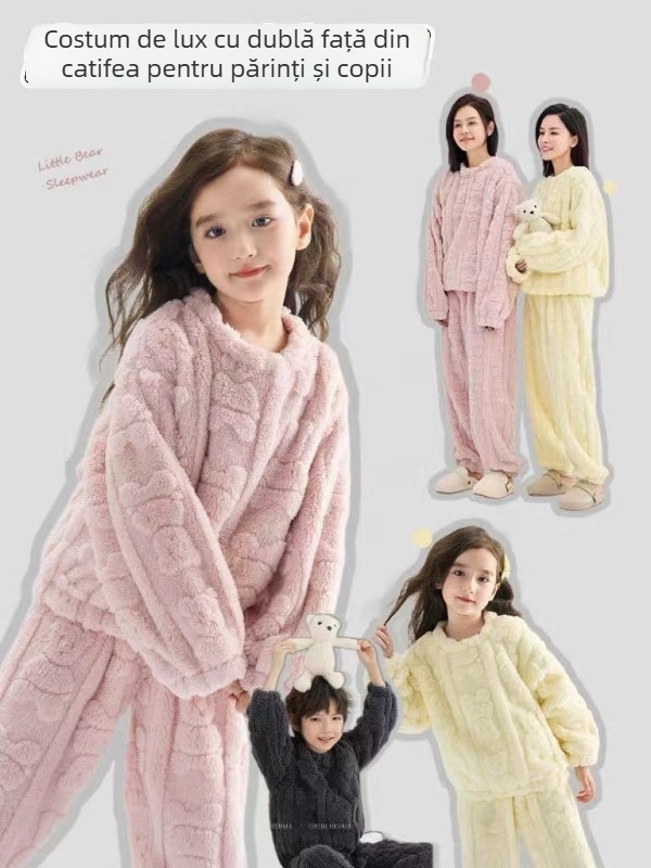 Set de haine de casă pentru părinți și copii: pluș dublu față cu ursuleț, fleece coral, antibacterian și cald, pentru copii 3–8 ani (toamnă-iarnă)