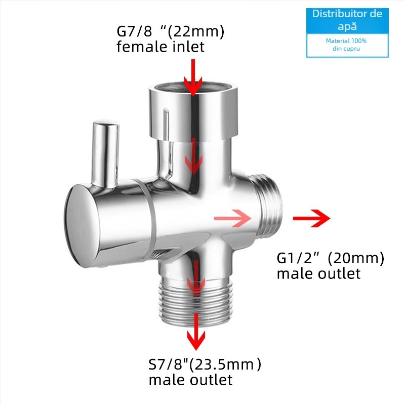 Convertor unghiular cu trei căi – cupru, cromat, conexiune rotativă, 0–100°C