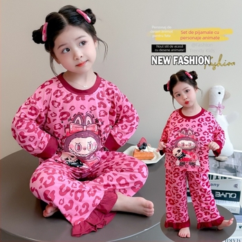 Set pijamale fete cu imprimeu leopard, mâneci lungi, stil desen animat, 85% poliester, toamna 2025