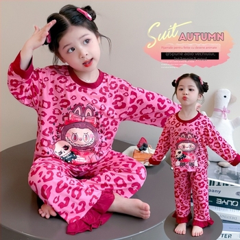 Set pijamale fete cu imprimeu leopard, mâneci lungi, stil desen animat, 85% poliester, toamna 2025