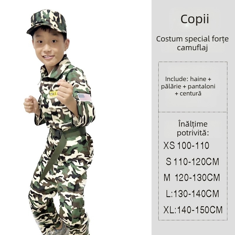 Costum pentru experiență militară pentru copii, camuflaj pentru jocuri de rol, material poliester cu conținut de fibre de celuloză regenerată de 95%+, potrivit pentru sub 17 ani, lansare toamnă 2024.