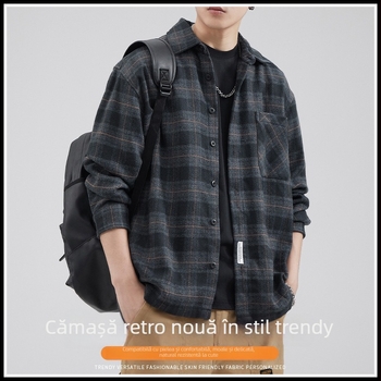 Cămașă în carouri, poliester 96%+, mâneci lungi, guler Turn-down, stil japonez, inspirat cardigan, croială lejeră