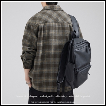 Cămașă în carouri, poliester 96%+, mâneci lungi, guler Turn-down, stil japonez, inspirat cardigan, croială lejeră