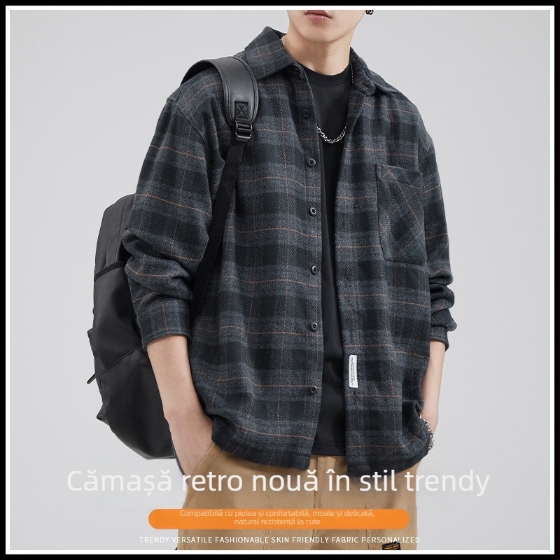 Cămașă în carouri, poliester 96%+, mâneci lungi, guler Turn-down, stil japonez, inspirat cardigan, croială lejeră