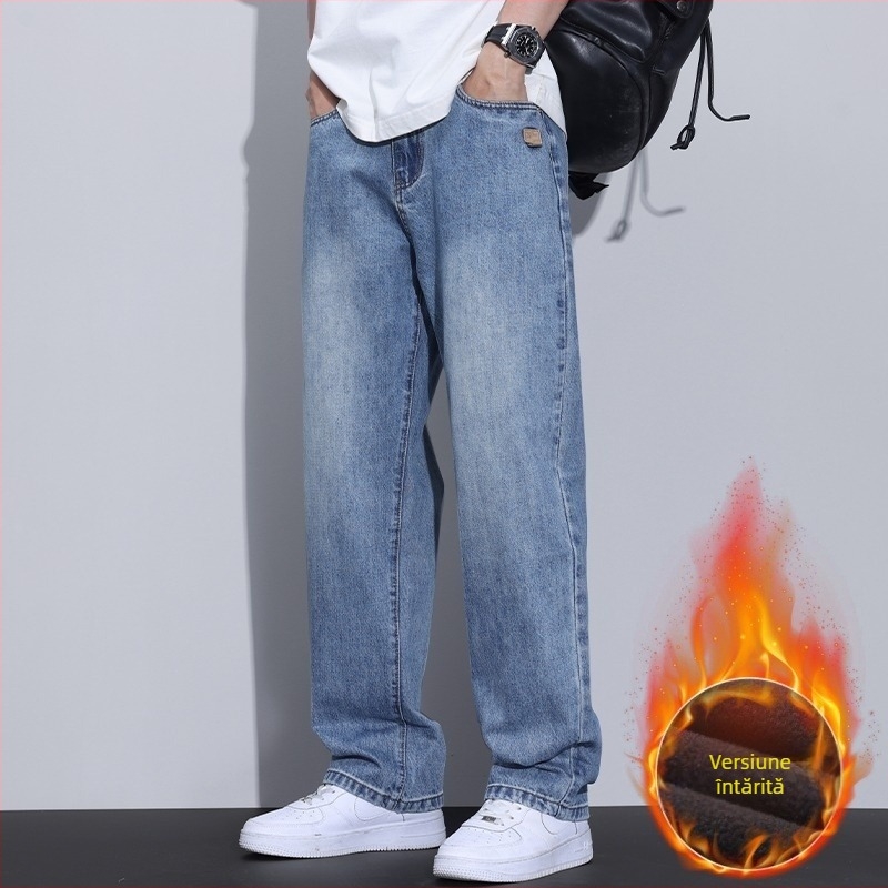 Jeansi bărbați cu căptușeală de fleece, groși, croială dreaptă, talie înaltă, fermoar