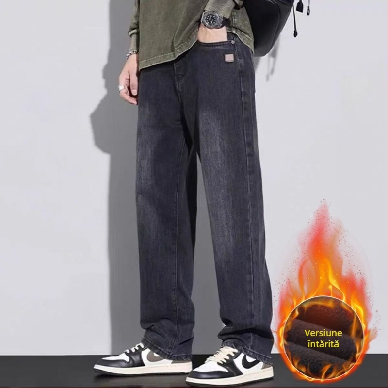 Jeansi bărbați cu căptușeală de fleece, groși, croială dreaptă, talie înaltă, fermoar