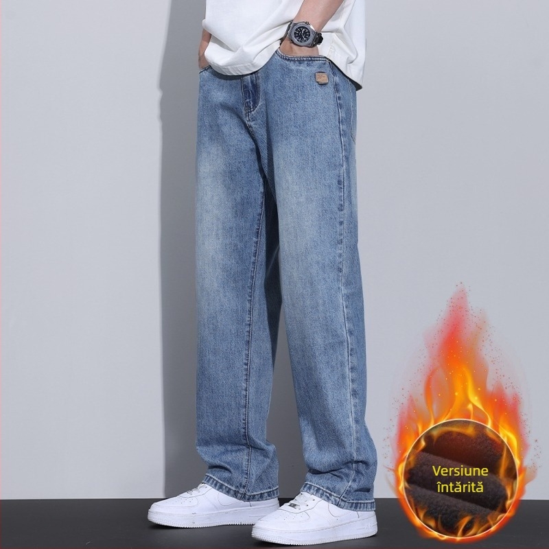 Jeansi bărbați cu căptușeală de fleece, groși, croială dreaptă, talie înaltă, fermoar