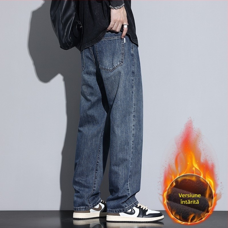 Jeansi bărbați cu căptușeală de fleece, groși, croială dreaptă, talie înaltă, fermoar