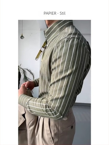 Cămașă cu mâneci lungi, dungată, croială lejeră, guler rever, poliester respirabil