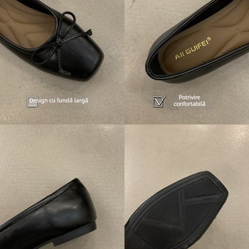 Pantofi plat în stil coreean, fundă și vârf pătrat — partea superioară PU, talpă din cauciuc, toc mic