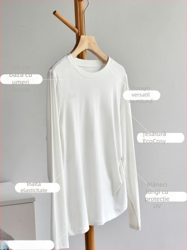 Tricou cu mâneci lungi, croială lejeră, guler rotund, uni, țesătură din fibre de celuloză regenerată