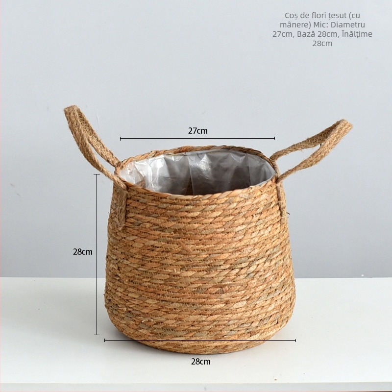 Coș pentru ghivece din iarbă – coș decorativ de depozitare, lucrat manual, imprimare logo disponibil