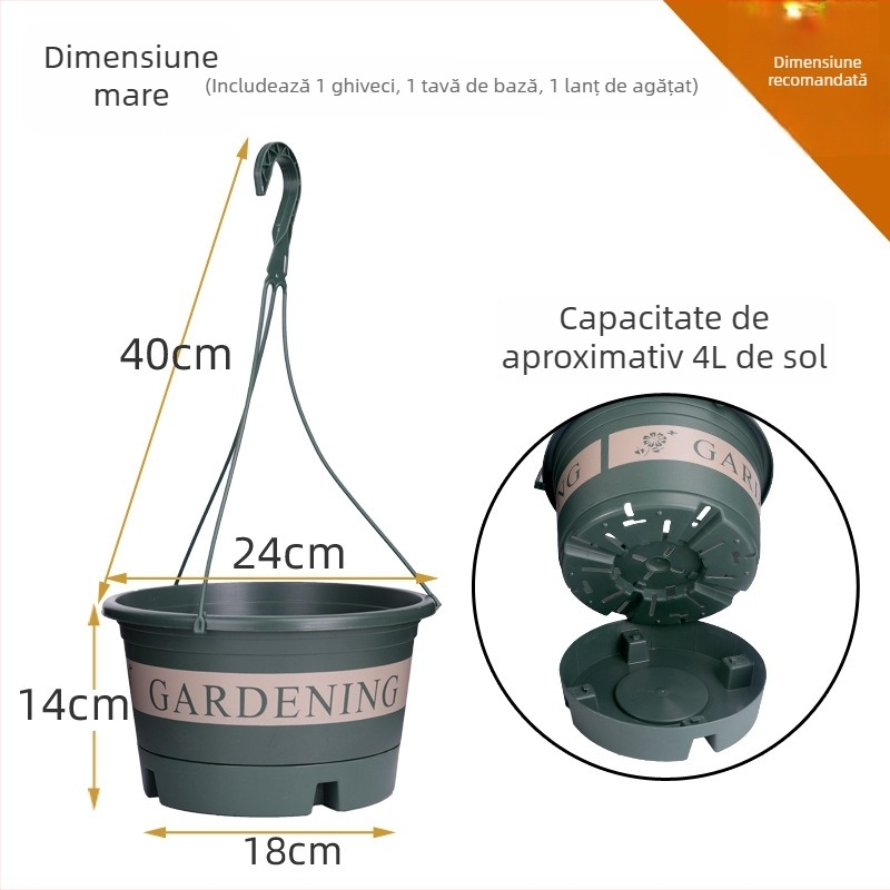 Ghiveci din rășină, aerisit, durabil, rezistent la coroziune; pentru agățare, utilizare pe birou sau podea, cu design de drenaj.