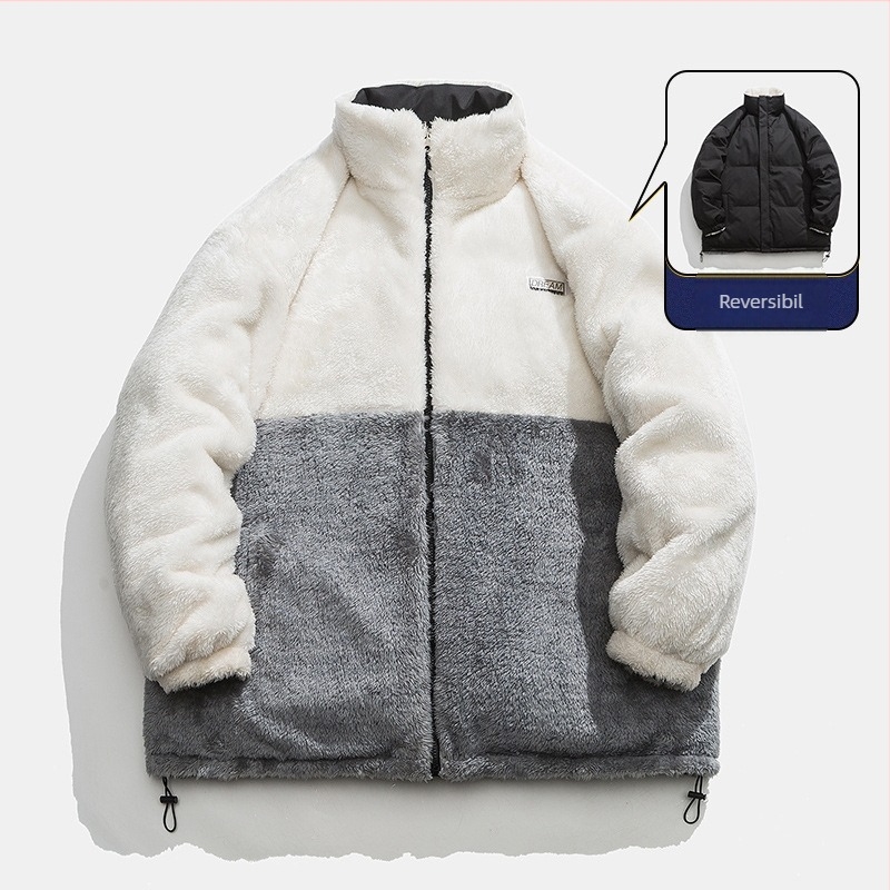 Palton reversibil masculin, căptușit cu fleece de miel, umplutură poliester, fermoar, guler înalt, țesătură Oxford