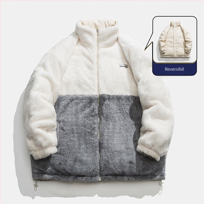 Palton reversibil masculin, căptușit cu fleece de miel, umplutură poliester, fermoar, guler înalt, țesătură Oxford