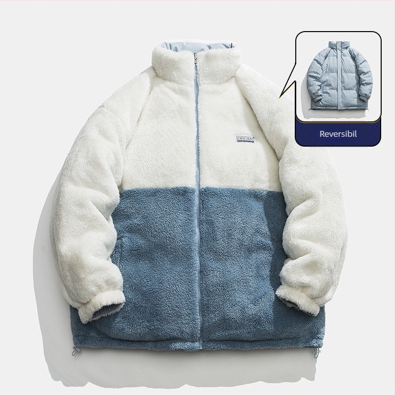 Palton reversibil masculin, căptușit cu fleece de miel, umplutură poliester, fermoar, guler înalt, țesătură Oxford