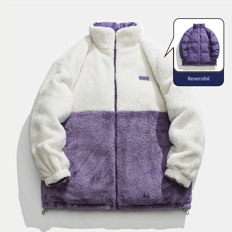 Palton reversibil masculin, căptușit cu fleece de miel, umplutură poliester, fermoar, guler înalt, țesătură Oxford