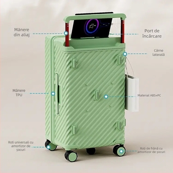 Valiză cu roți din material PC, 3 kg, deschidere cu fermoar, port USB de încărcare