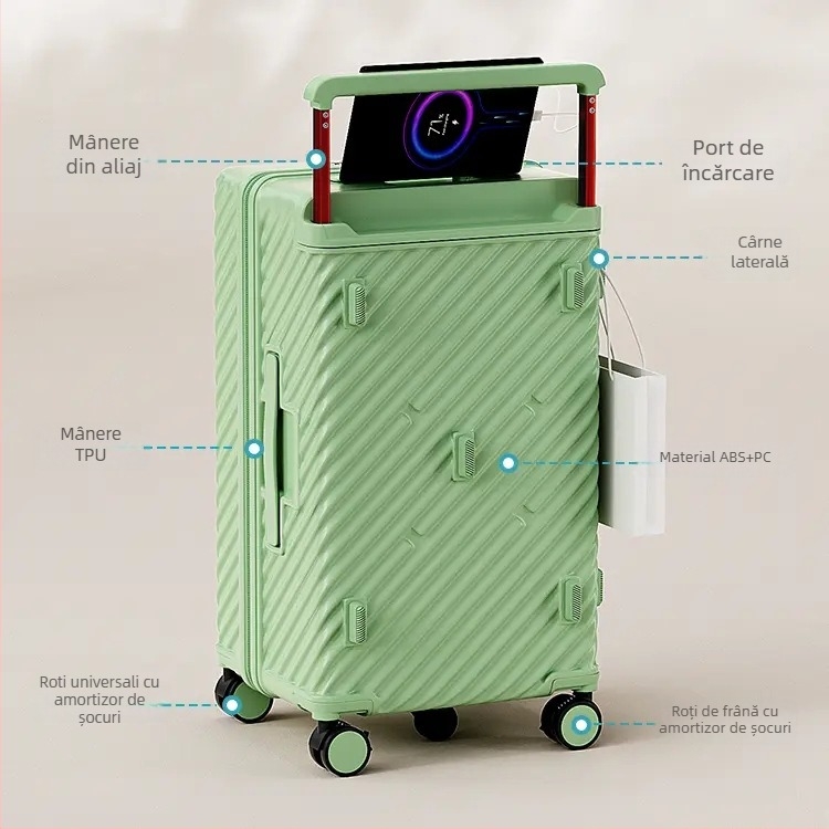 Valiză cu roți din material PC, 3 kg, deschidere cu fermoar, port USB de încărcare