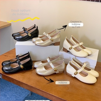 Pantofi femei Mary Jane, vârf rotund, toc 6–8 cm, din fibră super, căptușeală din fibră ultra-fină