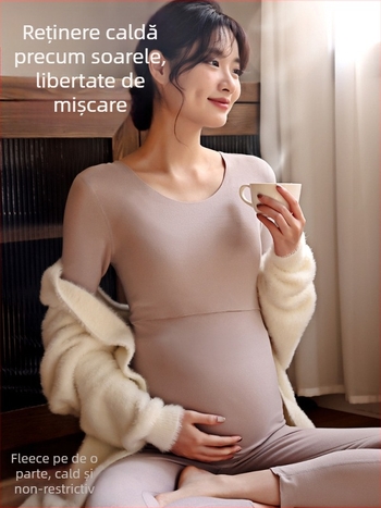 Set termic pentru gravide cu căptușeală din fleece, bluză cu mânecă lungă și pantaloni, acces la alăptare, poliester cu spandex, iarnă 2023