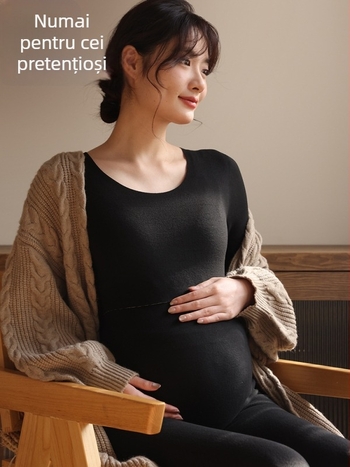 Set termic pentru gravide cu căptușeală din fleece, bluză cu mânecă lungă și pantaloni, acces la alăptare, poliester cu spandex, iarnă 2023