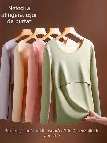 Set termic pentru gravide cu căptușeală din fleece, bluză cu mânecă lungă și pantaloni, acces la alăptare, poliester cu spandex, iarnă 2023