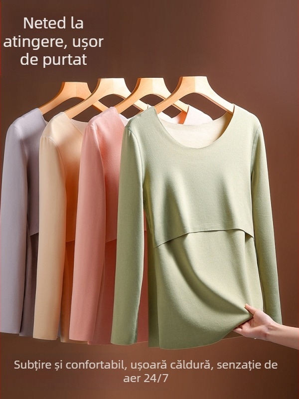 Set termic pentru gravide cu căptușeală din fleece, bluză cu mânecă lungă și pantaloni, acces la alăptare, poliester cu spandex, iarnă 2023