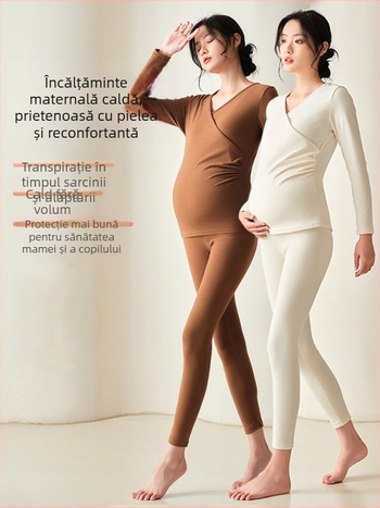 Set termic matern pentru toamnă-iarnă, cu deschidere pentru alăptare, mâneci lungi, poliester/spandex 90–95%, stil japonez-coreean de relaxare