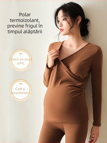 Set termic matern pentru toamnă-iarnă, cu deschidere pentru alăptare, mâneci lungi, poliester/spandex 90–95%, stil japonez-coreean de relaxare