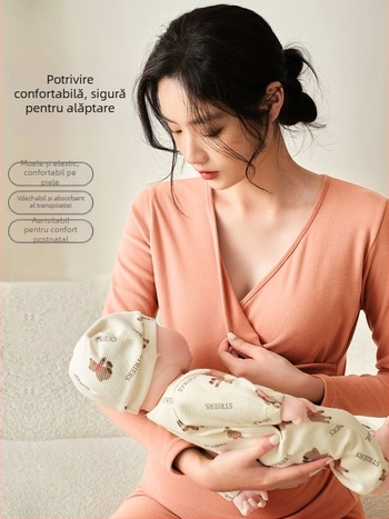 Set termic matern pentru toamnă-iarnă, cu deschidere pentru alăptare, mâneci lungi, poliester/spandex 90–95%, stil japonez-coreean de relaxare