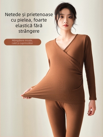 Set termic matern pentru toamnă-iarnă, cu deschidere pentru alăptare, mâneci lungi, poliester/spandex 90–95%, stil japonez-coreean de relaxare