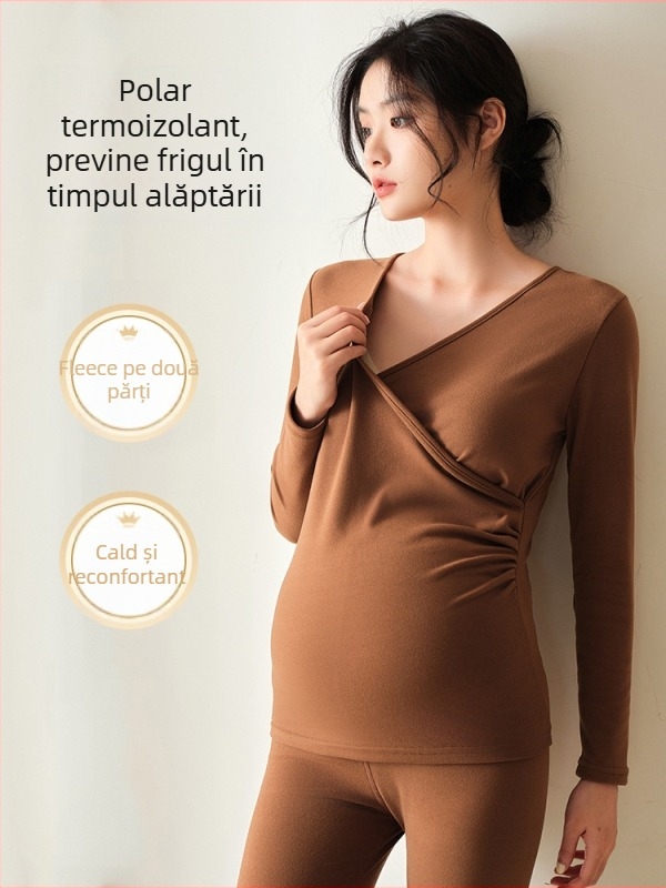 Set termic matern pentru toamnă-iarnă, cu deschidere pentru alăptare, mâneci lungi, poliester/spandex 90–95%, stil japonez-coreean de relaxare
