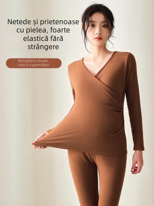 Set termic matern pentru toamnă-iarnă, cu deschidere pentru alăptare, mâneci lungi, poliester/spandex 90–95%, stil japonez-coreean de relaxare