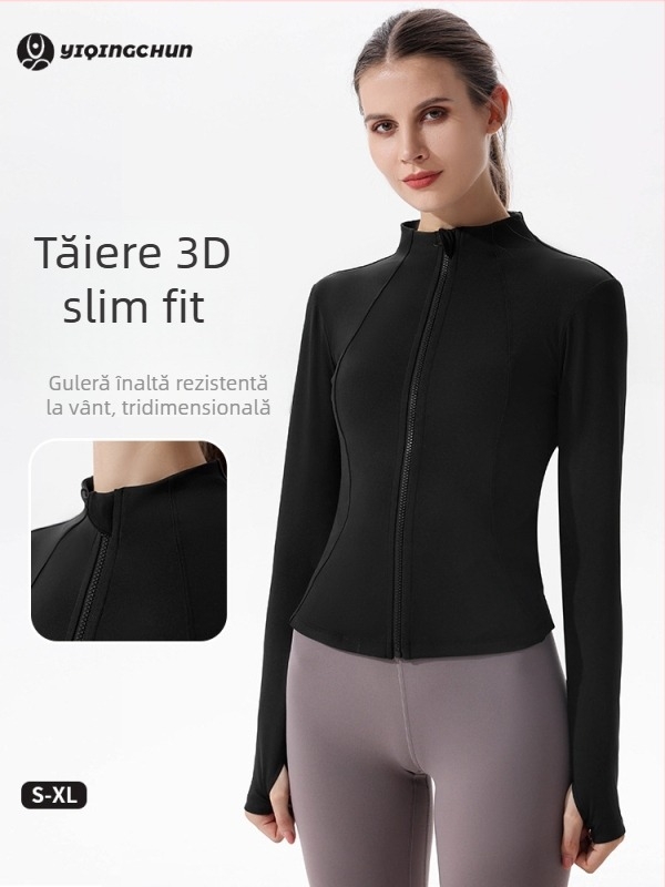 Jachetă de yoga pentru femei, uscat rapid, croială strânsă, guler înalt, mâneci lungi, fără căptușeală, 90% poliester + 10% spandex