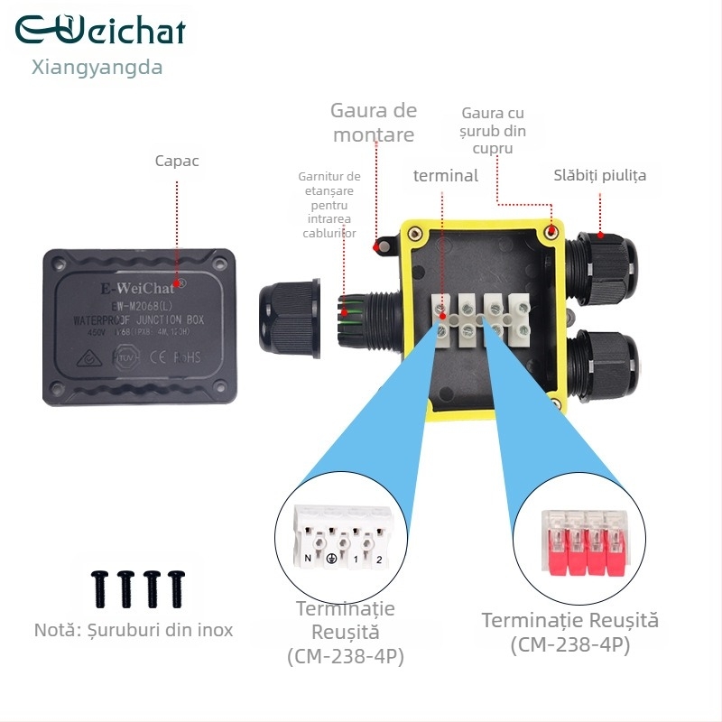 Cutie de distribuție exterioară IP68, trei canale, din PA66 nylon, etanșă pentru cabluri tip Y