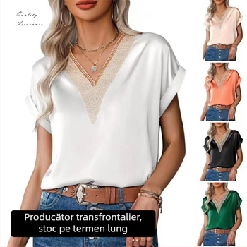 Tricou T-shirt din poliester satinat, decolteu în V, mâneci tip bat, mâneci scurte, lungime standardă