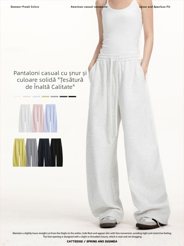 CATTEE Pantaloni casual unisex în stil Preppy, croială dreaptă, croială relaxată, talie medie, fermoar, țesătură bumbac-poliester, pentru primăvară-toamnă