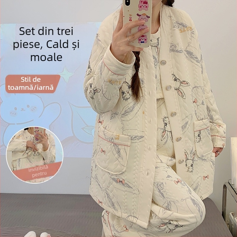 Set de maternitate și alăptare cu trei piese pentru iarnă, cardigan stratificat din bumbac aerat, decolteu în V, mâneci lungi, 201–250 g/m²