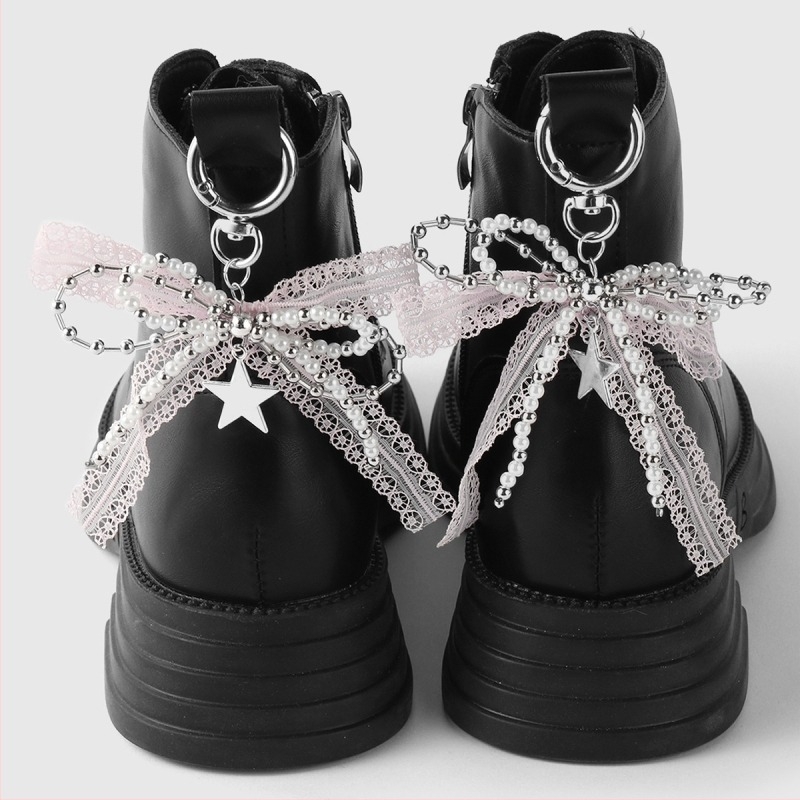 Decorațiune DIY pentru catarama de pantofi - mărgele imitatie de perle, fundă din plasă, accente stea și inimă, pentru pantofi sport, bocanci și pantofi casual (pentru toate anotimpurile)