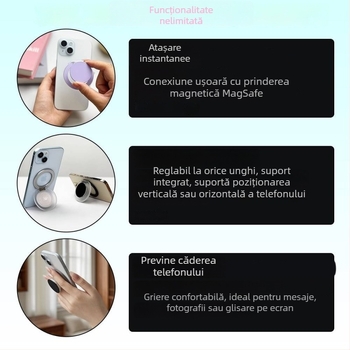 XUNHAO Suport magnetic pentru telefon cu inel, Snap-on, rotativ 360° – suport de birou, model Xh2025-09, pentru iPhone 12–17, plastic