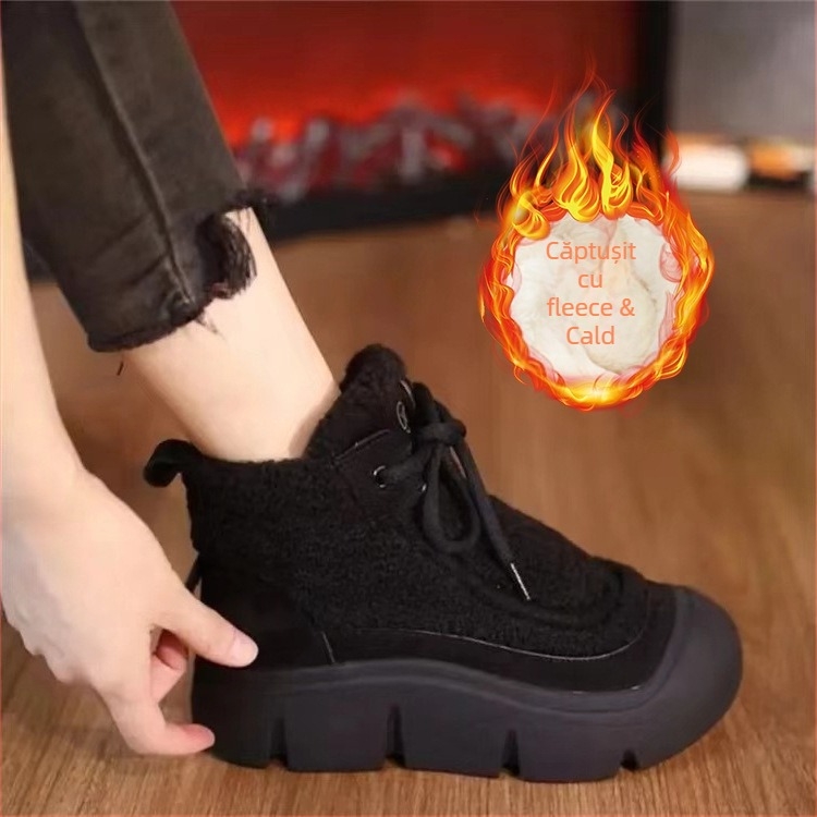 Ghete de iarnă din bumbac cu căptușeală din blană artificială, glezna înaltă, talpă groasă, partea superioară din PU artificial, închidere cu șireturi