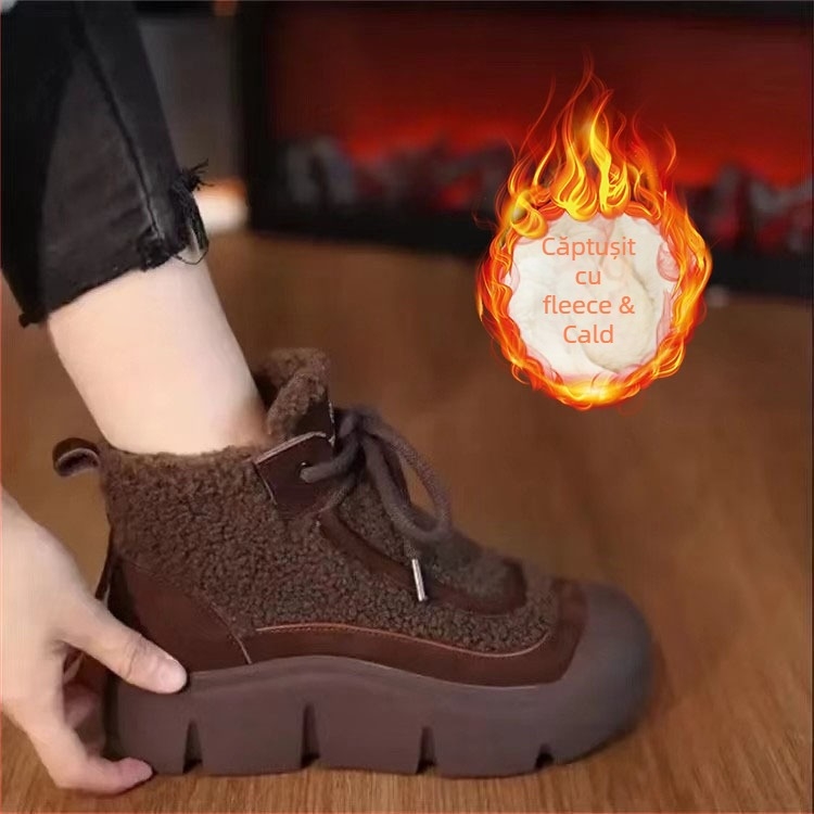 Ghete de iarnă din bumbac cu căptușeală din blană artificială, glezna înaltă, talpă groasă, partea superioară din PU artificial, închidere cu șireturi