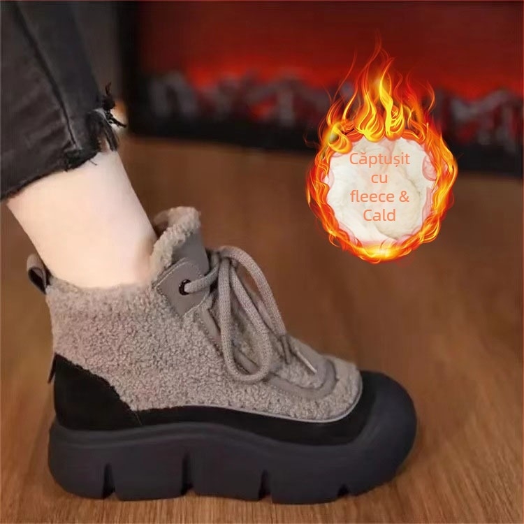 Ghete de iarnă din bumbac cu căptușeală din blană artificială, glezna înaltă, talpă groasă, partea superioară din PU artificial, închidere cu șireturi