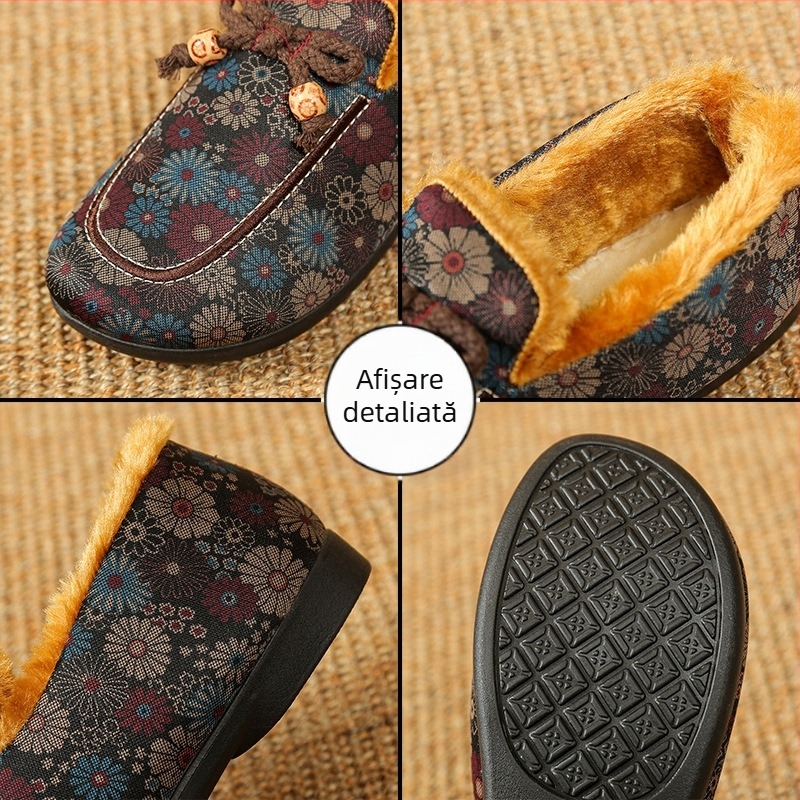 Pantofi damă de iarnă din bumbac cu partea superioară din bumbac, căptușeală din blană sintetică scurtă, talpă PVC, slip-on cu bandă elastică, toc jos 1-3 cm