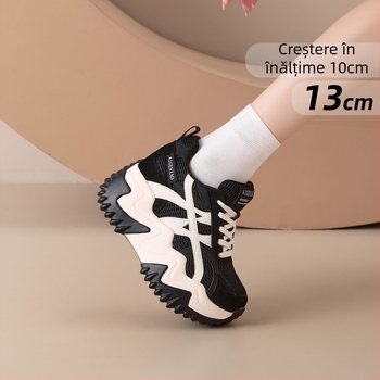 Pantofi dama tip dad shoes, cu înălțare de 10 cm, talpă groasă 13 cm, partea superioară din fibră sintetică, șireturi, branț EVA