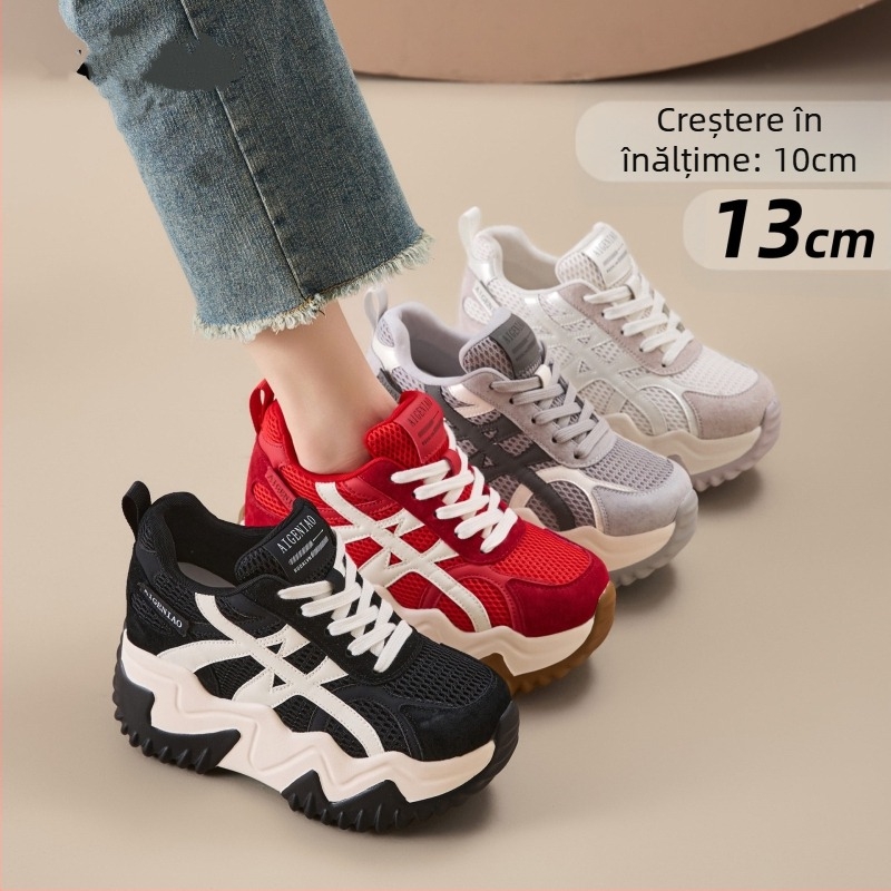 Pantofi dama tip dad shoes, cu înălțare de 10 cm, talpă groasă 13 cm, partea superioară din fibră sintetică, șireturi, branț EVA