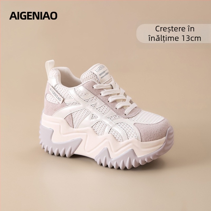 Pantofi dama tip dad shoes, cu înălțare de 10 cm, talpă groasă 13 cm, partea superioară din fibră sintetică, șireturi, branț EVA