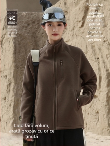 Geacă de fleece pentru femei, guler înalt, stil cardigan, culoare solidă, iarnă și toamnă